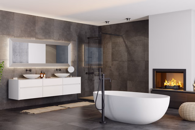 Modern bathroom with large-format tile flooring and matching tiled walls